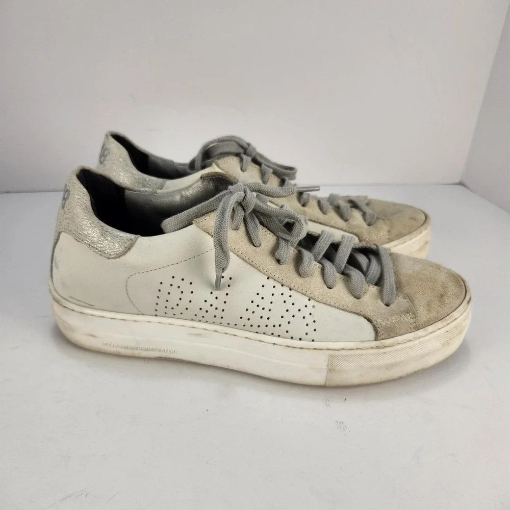 P448 Women's Sneakers Size 39 US 9 White Gray Suede Leather Platform Shoes